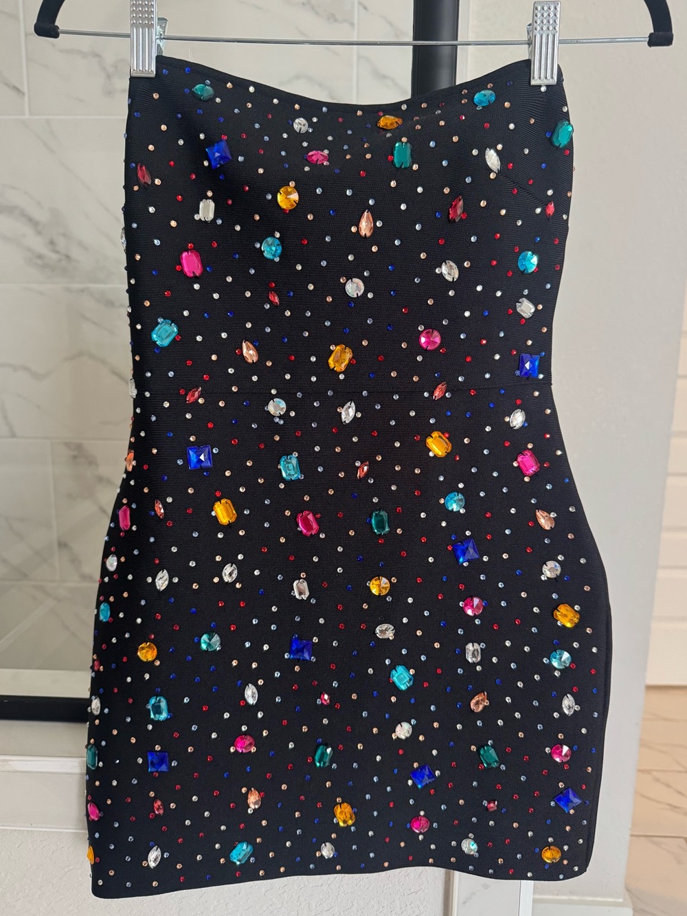 Strapless Black Mini Dress with Multicolor Gemstones
